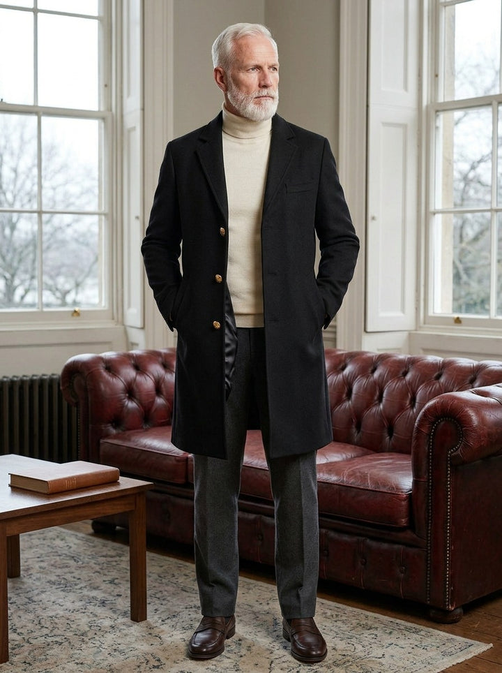 Salisbury gold button overcoat in Black, lifestyle in a club reading room, Gentlemens Manor