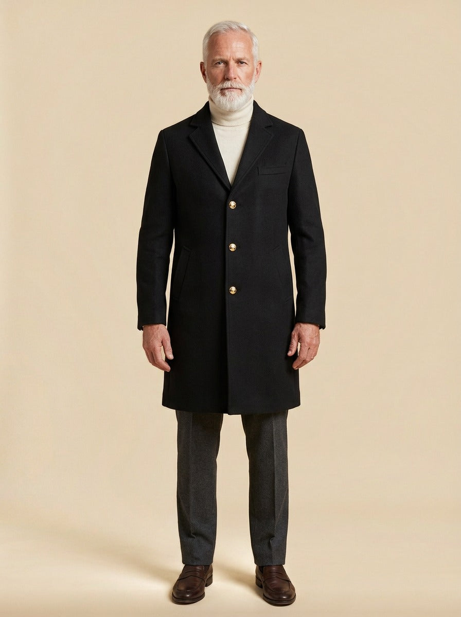 Salisbury gold button overcoat in Black, studio, Gentlemens Manor