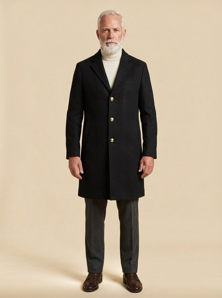 Salisbury gold button overcoat in Black, studio, Gentlemens Manor