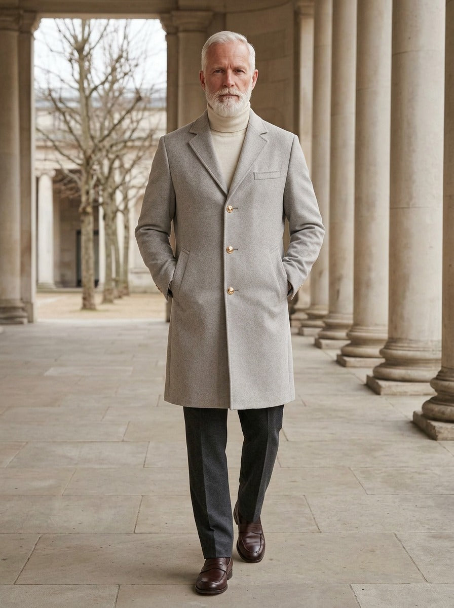 Salisbury gold button overcoat in Light Grey, lifestyle in a stone colonnade, Gentlemens Manor
