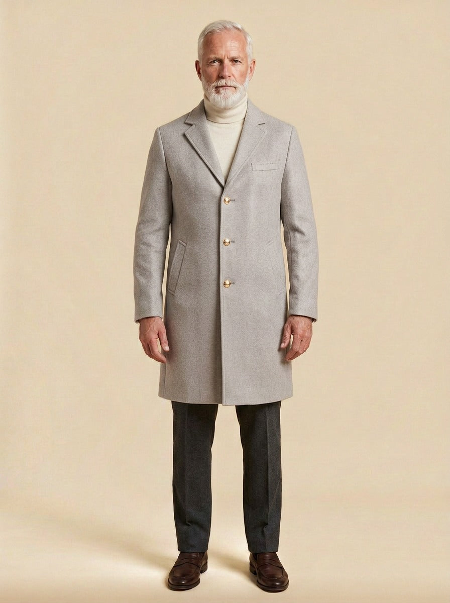 Salisbury gold button overcoat in Light Grey, studio, Gentlemens Manor