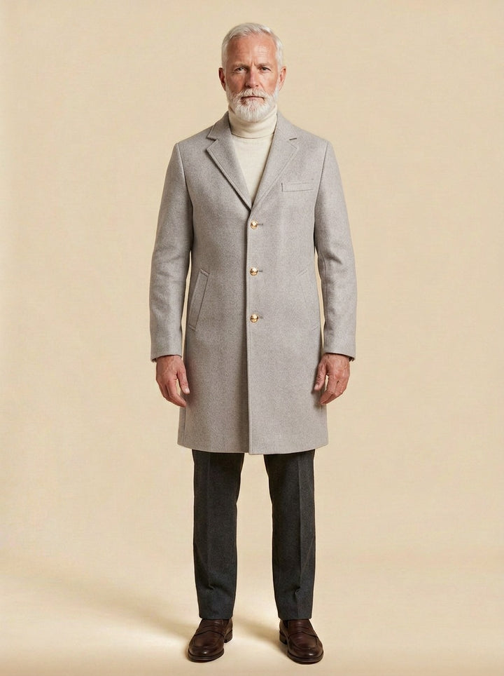 Salisbury gold button overcoat in Light Grey, studio, Gentlemens Manor