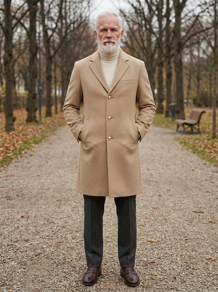 Salisbury gold button overcoat in Sand, lifestyle on a park path, Gentlemens Manor
