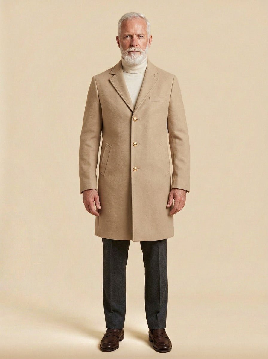 Salisbury gold button overcoat in Sand, studio, Gentlemens Manor