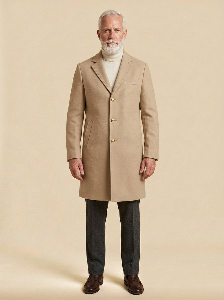 Salisbury gold button overcoat in Sand, studio, Gentlemens Manor