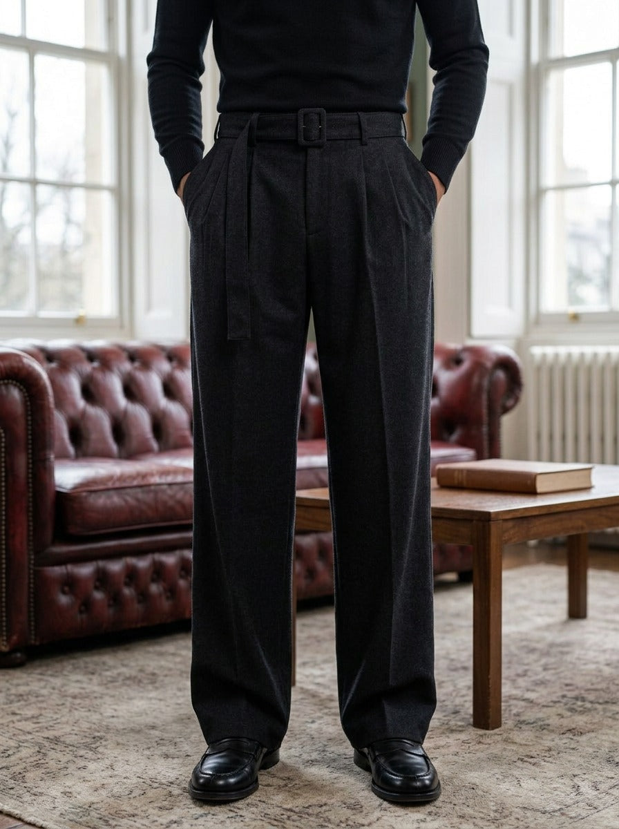 Sanford pleated wide leg trousers in Black, lifestyle in a club reading room, Gentlemens Manor