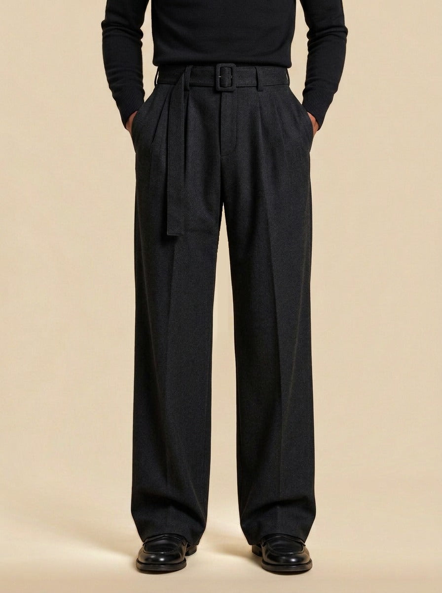 Sanford pleated wide leg trousers in Black, studio, Gentlemens Manor
