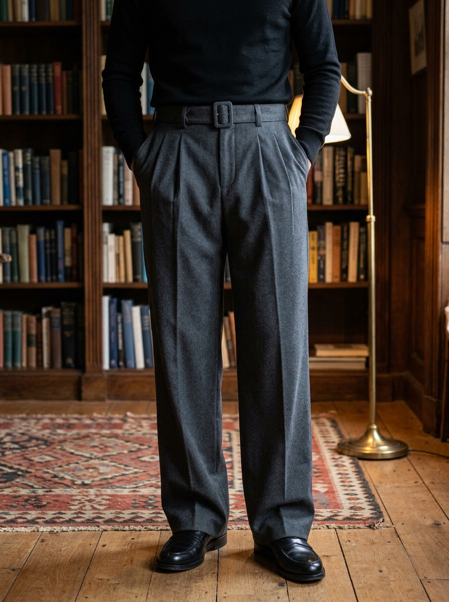 Sanford pleated wide leg trousers in Charcoal, lifestyle in a private study, Gentlemens Manor