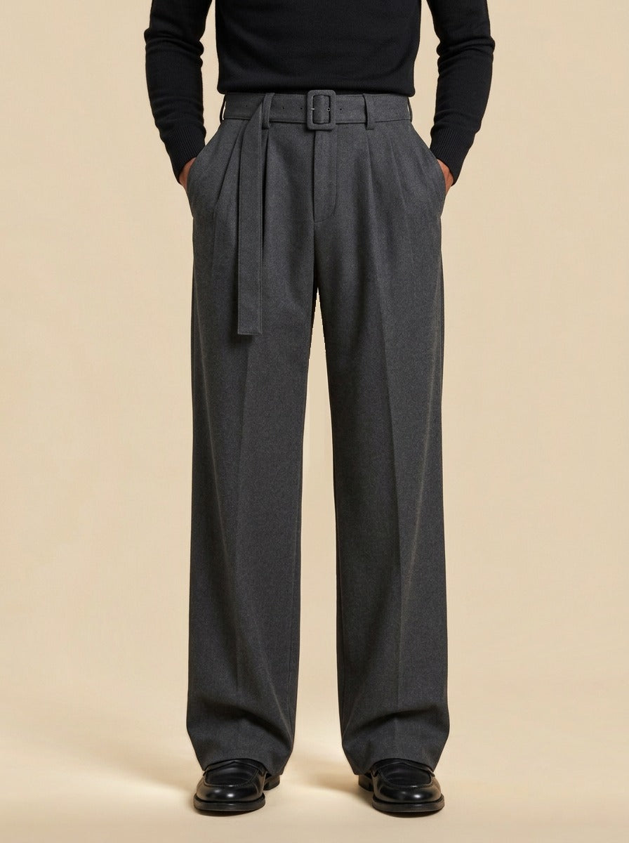 Sanford pleated wide leg trousers in Charcoal, studio, Gentlemens Manor