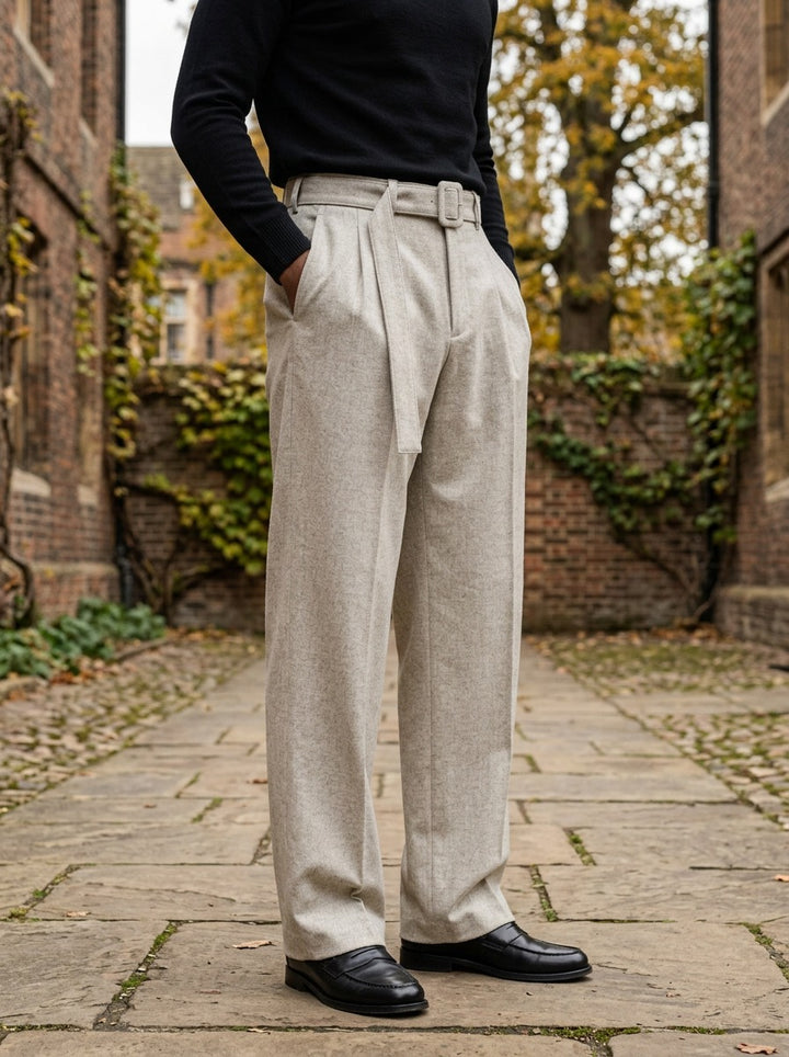 Sanford pleated wide leg trousers in Oatmeal, lifestyle in a brick college courtyard, Gentlemens Manor