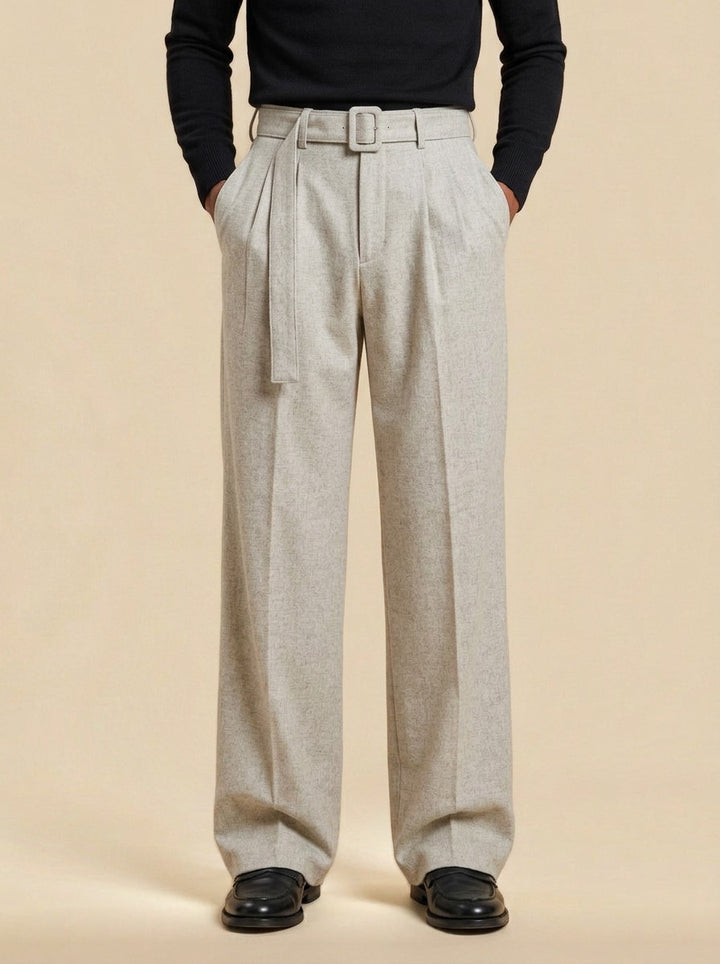 Sanford pleated wide leg trousers in Oatmeal, studio, Gentlemens Manor