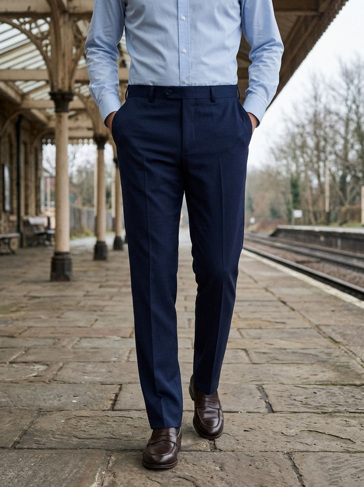 Saunders flat front dress trousers in Navy, lifestyle on a railway platform, Gentlemens Manor