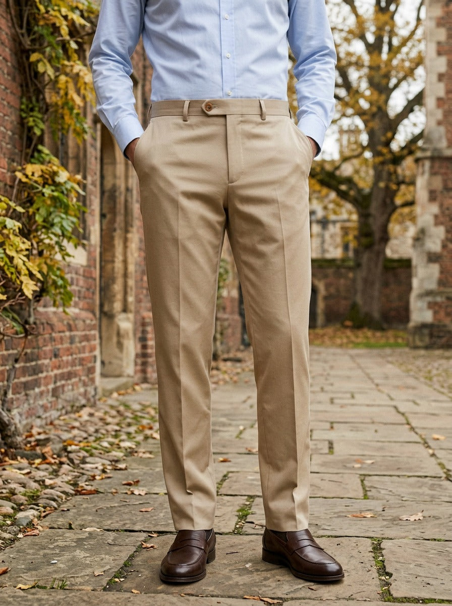 Saunders flat front dress trousers in Sand, lifestyle in a brick college courtyard, Gentlemens Manor