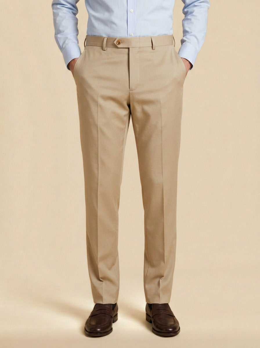 Saunders flat front dress trousers in Sand, studio, Gentlemens Manor