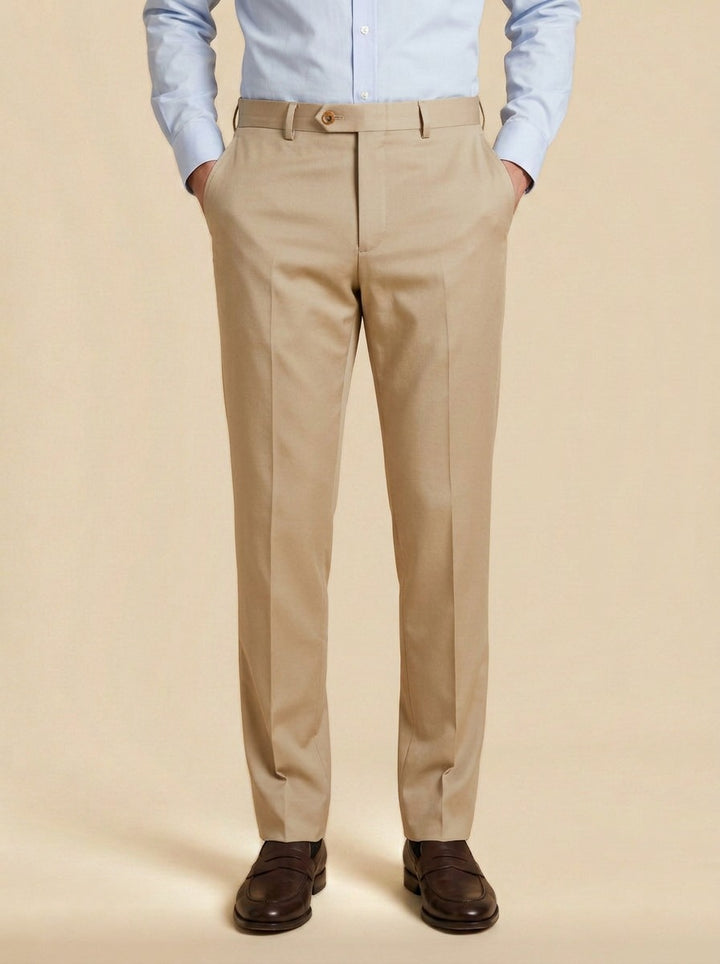 Saunders flat front dress trousers in Sand, studio, Gentlemens Manor