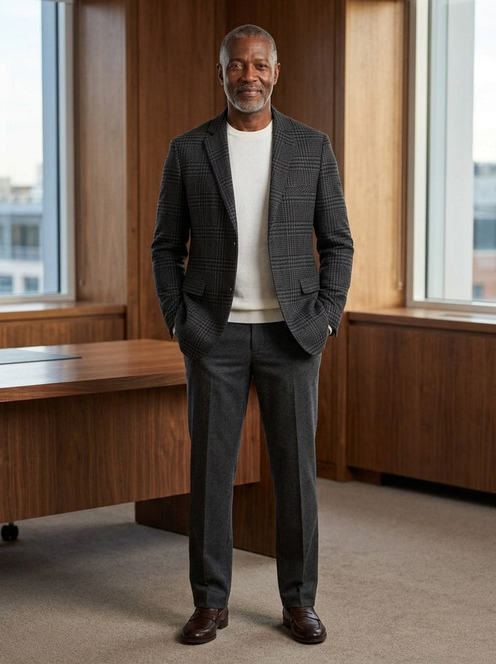 Sedgwick glen check blazer in Grey, lifestyle in a timber paneled office, Gentlemens Manor