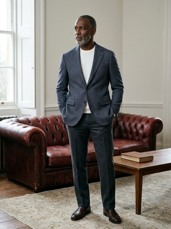 Sedgwick glen check blazer in Navy, lifestyle in a club reading room, Gentlemens Manor