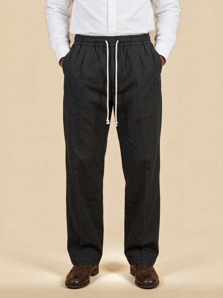 Sedley pleated drawstring crease trousers in Black, studio, Gentlemens Manor