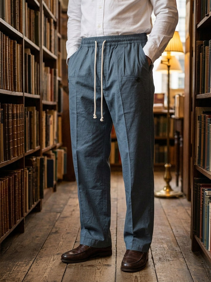 Sedley pleated drawstring crease trousers in Blue, lifestyle in a secondhand bookshop, Gentlemens Manor