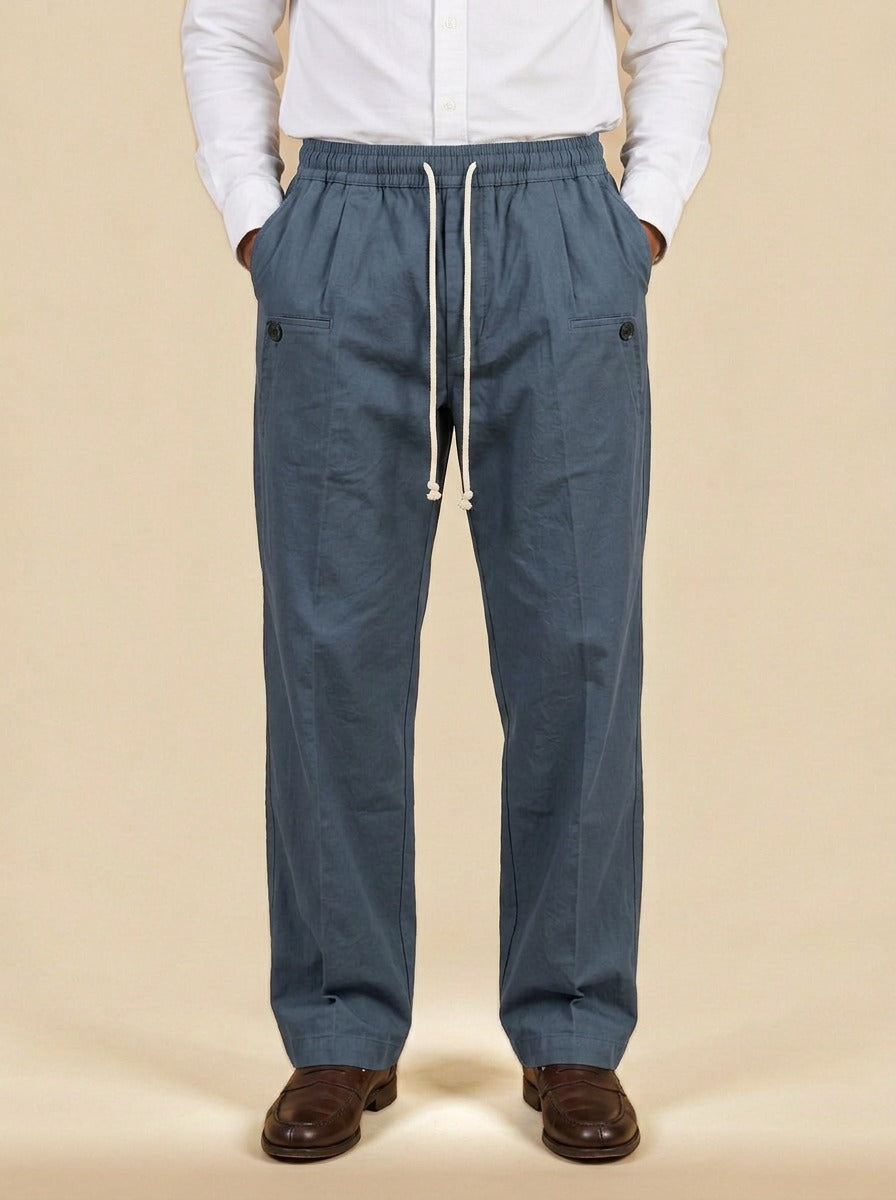 Sedley pleated drawstring crease trousers in Blue, studio, Gentlemens Manor
