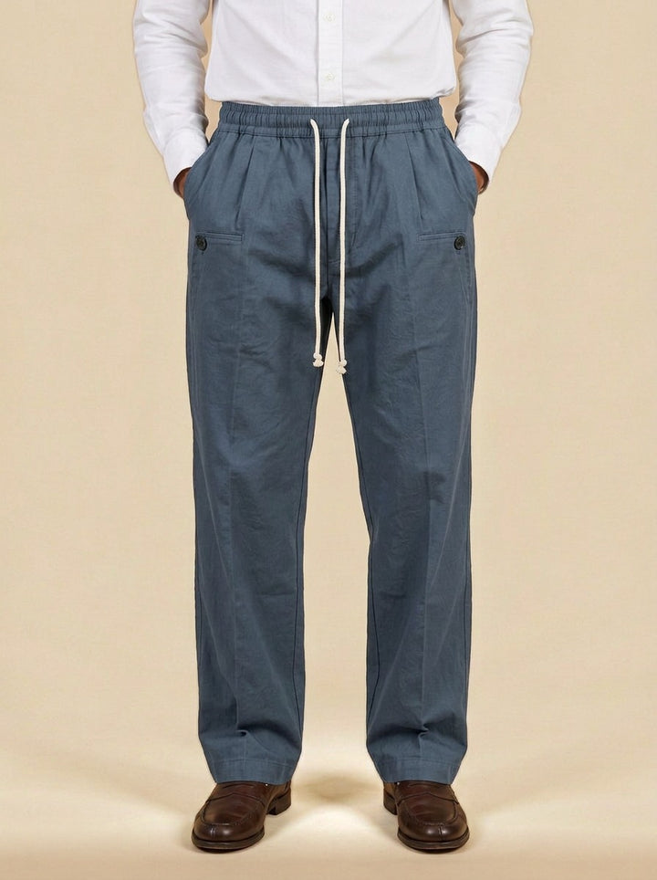 Sedley pleated drawstring crease trousers in Blue, studio, Gentlemens Manor