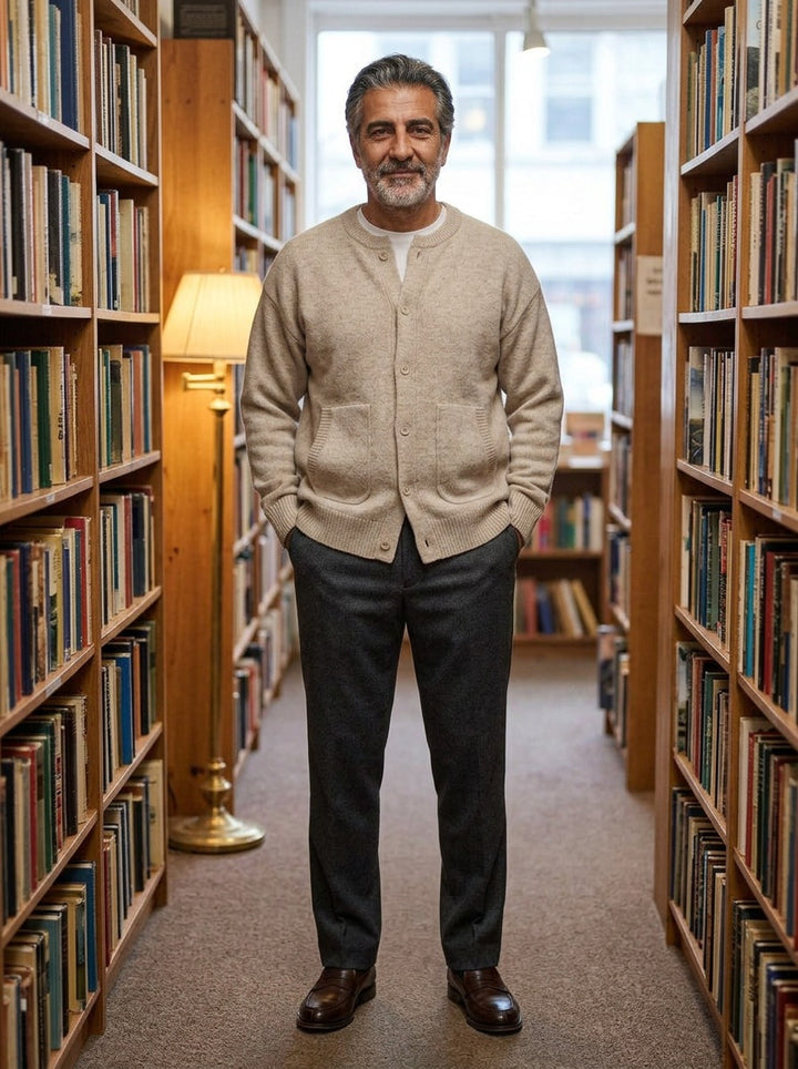Selby round neck cardigan in Beige, lifestyle in a secondhand bookshop, Gentlemens Manor