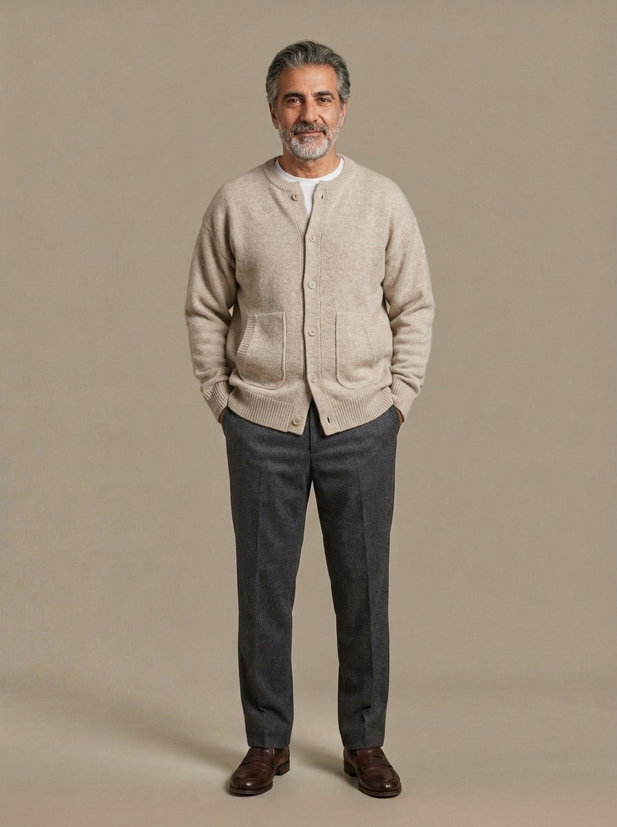 Selby round neck cardigan in Beige, studio, Gentlemens Manor