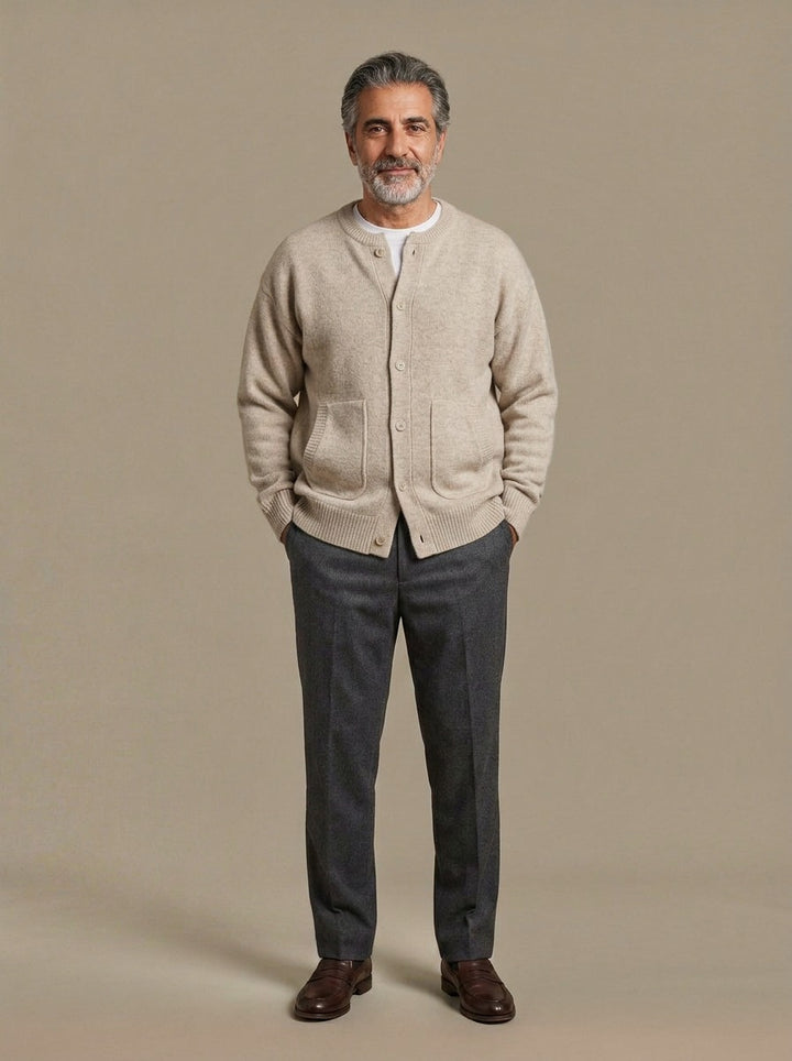 Selby round neck cardigan in Beige, studio, Gentlemens Manor