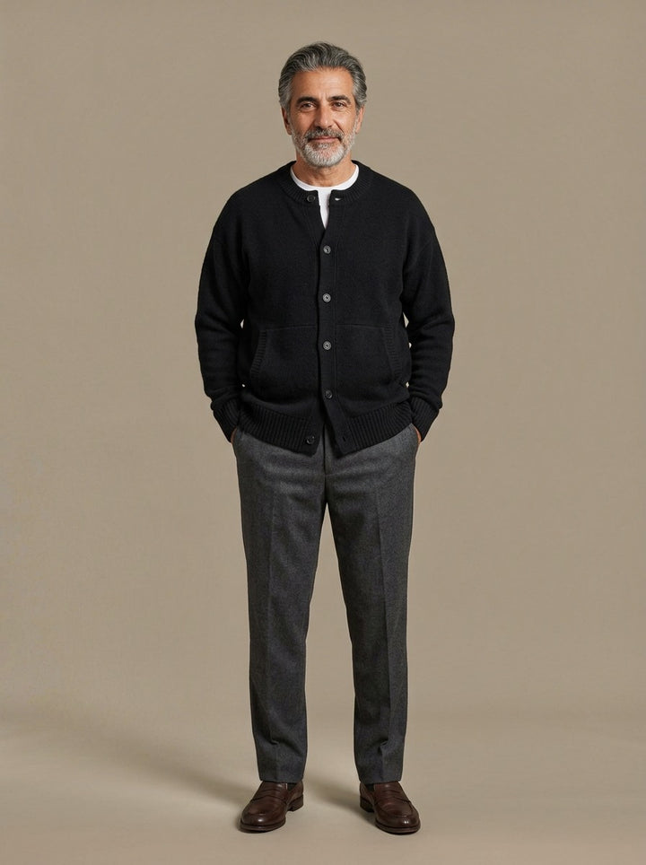 Selby round neck cardigan in Black, studio, Gentlemens Manor