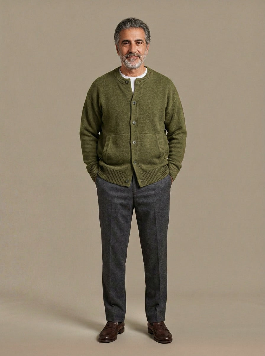 Selby round neck cardigan in Olive, studio, Gentlemens Manor