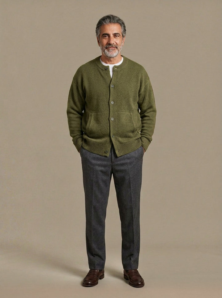 Selby round neck cardigan in Olive, studio, Gentlemens Manor