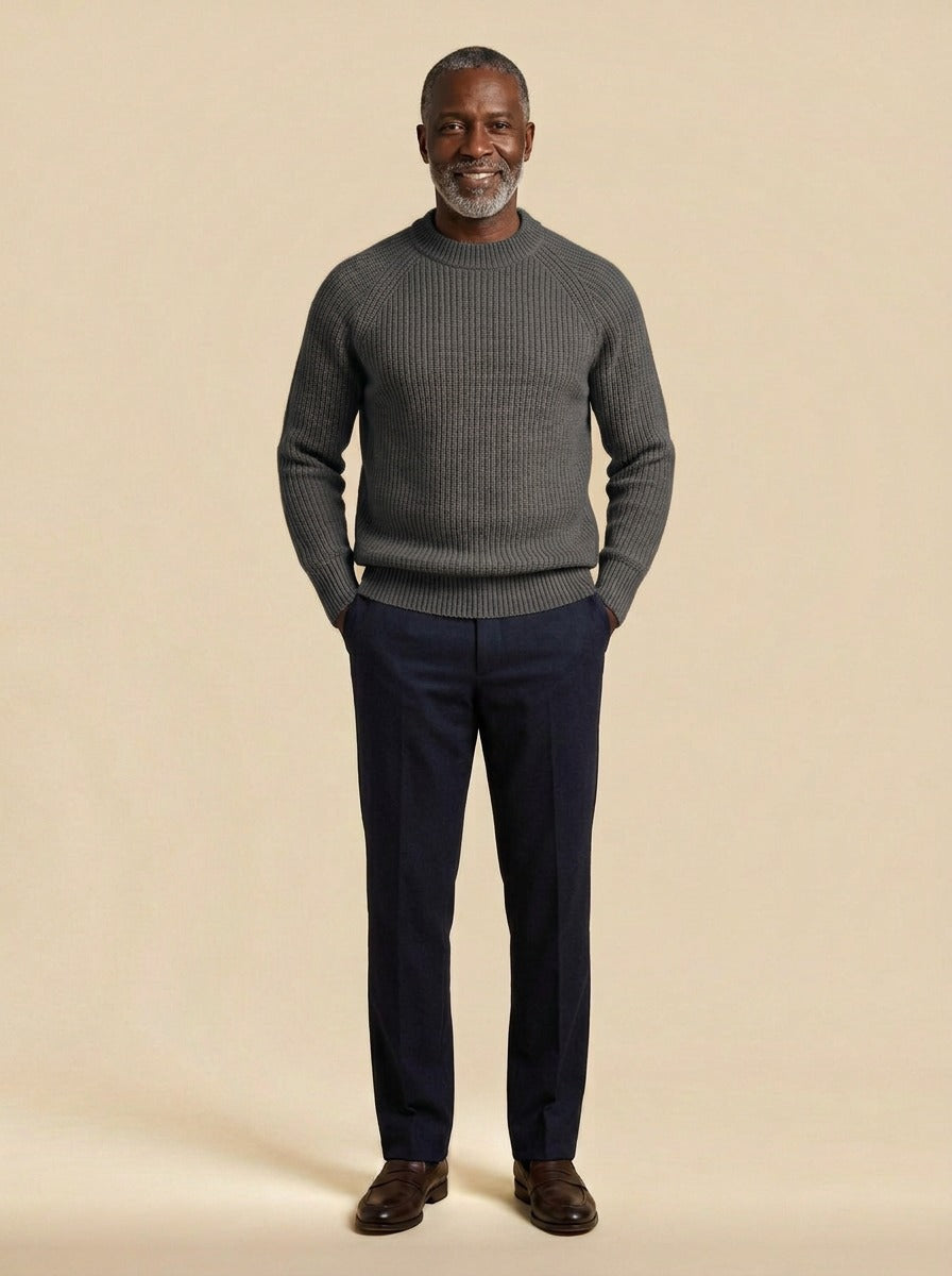 Seymour cashmere sweater in Charcoal, studio, Gentlemens Manor