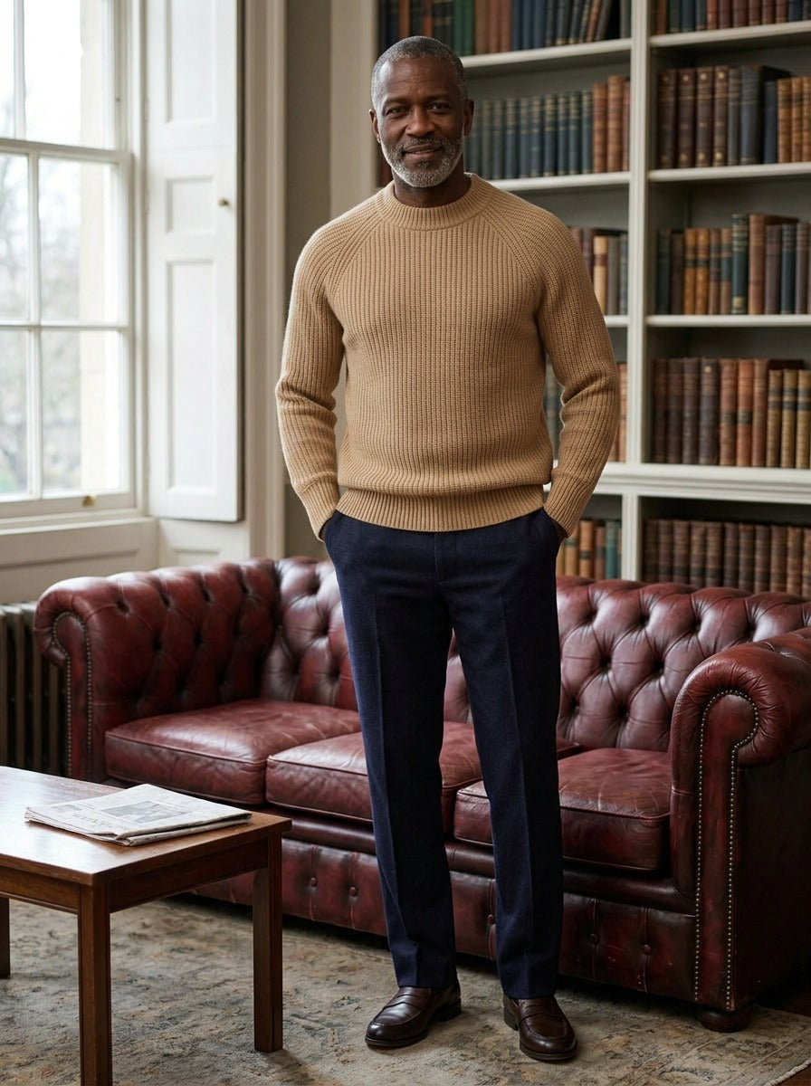 Seymour cashmere sweater in Sand, lifestyle, Gentlemens Manor