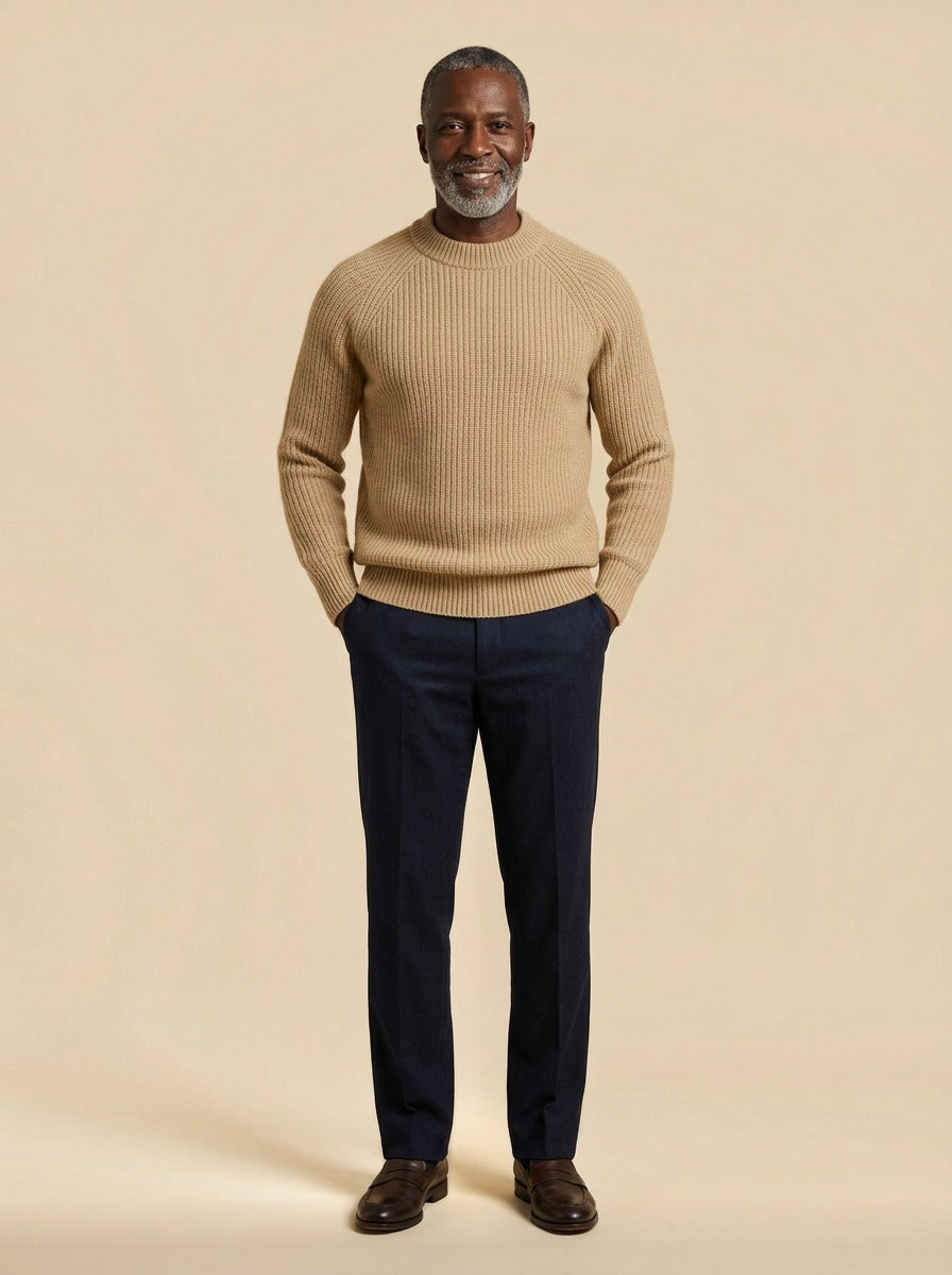 Seymour cashmere sweater in Sand, studio, Gentlemens Manor