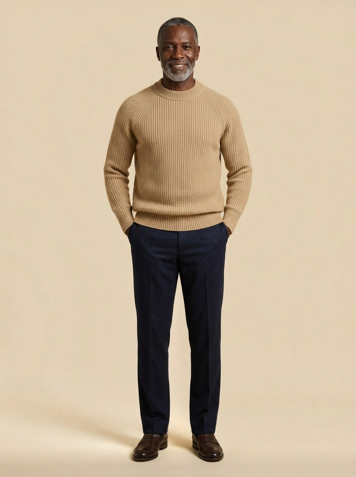 Seymour cashmere sweater in Sand, studio, Gentlemens Manor