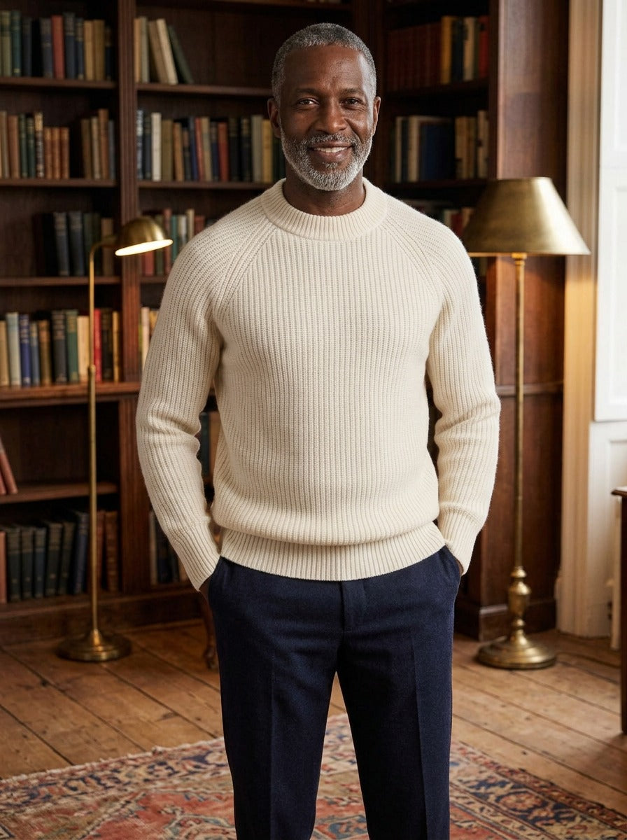 Seymour cashmere sweater in White, lifestyle, Gentlemens Manor