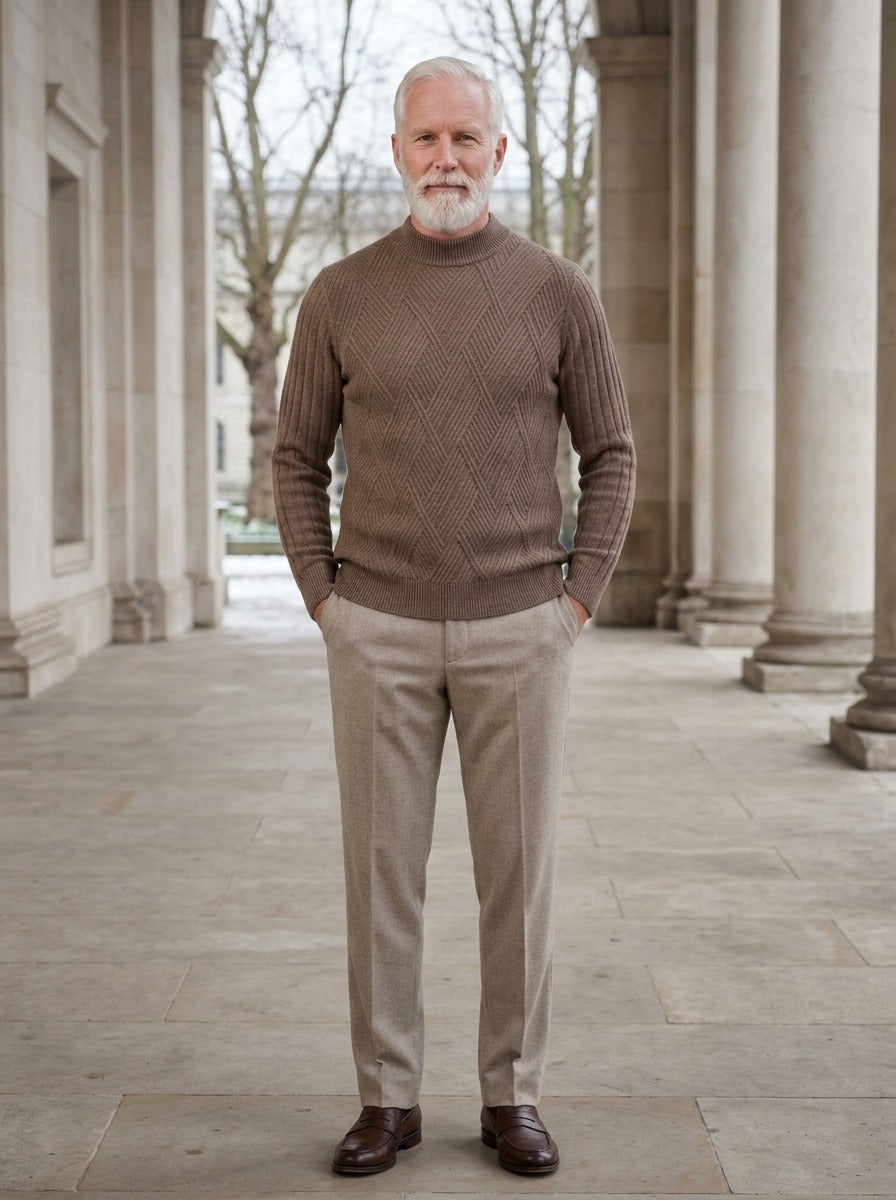 Sheffield sweater in Brown, lifestyle in a stone colonnade, Gentlemens Manor