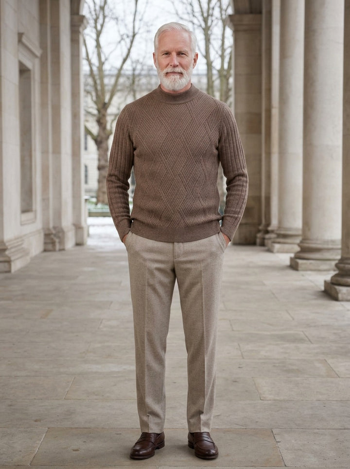 Sheffield sweater in Brown, lifestyle in a stone colonnade, Gentlemens Manor