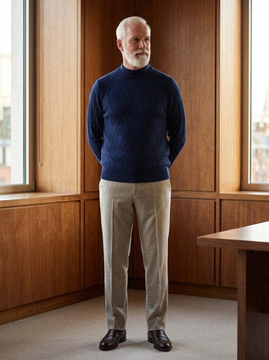 Sheffield sweater in Navy, lifestyle in a timber paneled office, Gentlemens Manor