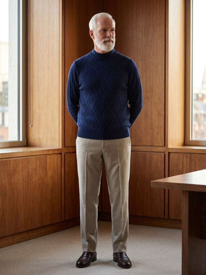 Sheffield sweater in Navy, lifestyle in a timber paneled office, Gentlemens Manor