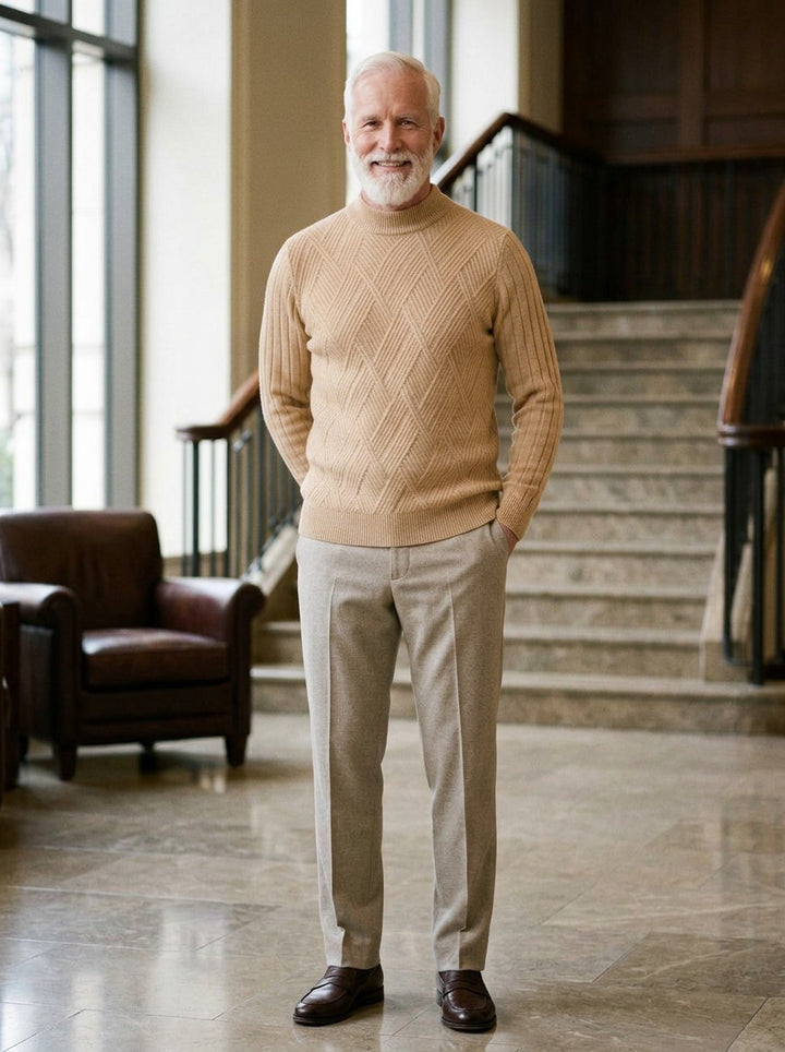 Sheffield sweater in Sand, lifestyle in a hotel lobby, Gentlemens Manor
