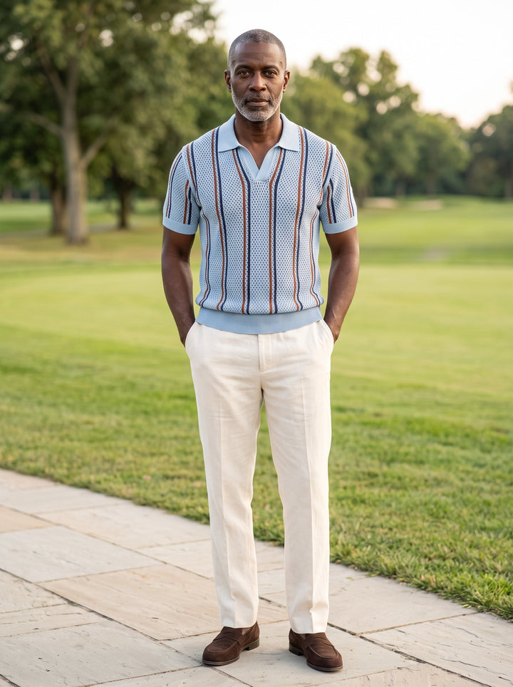 Sheridan polo and pants set in Light Blue, lifestyle, Gentlemens Manor