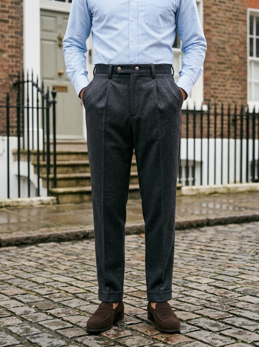 Sherman pleated dress pants in Charcoal, lifestyle, Gentlemens Manor