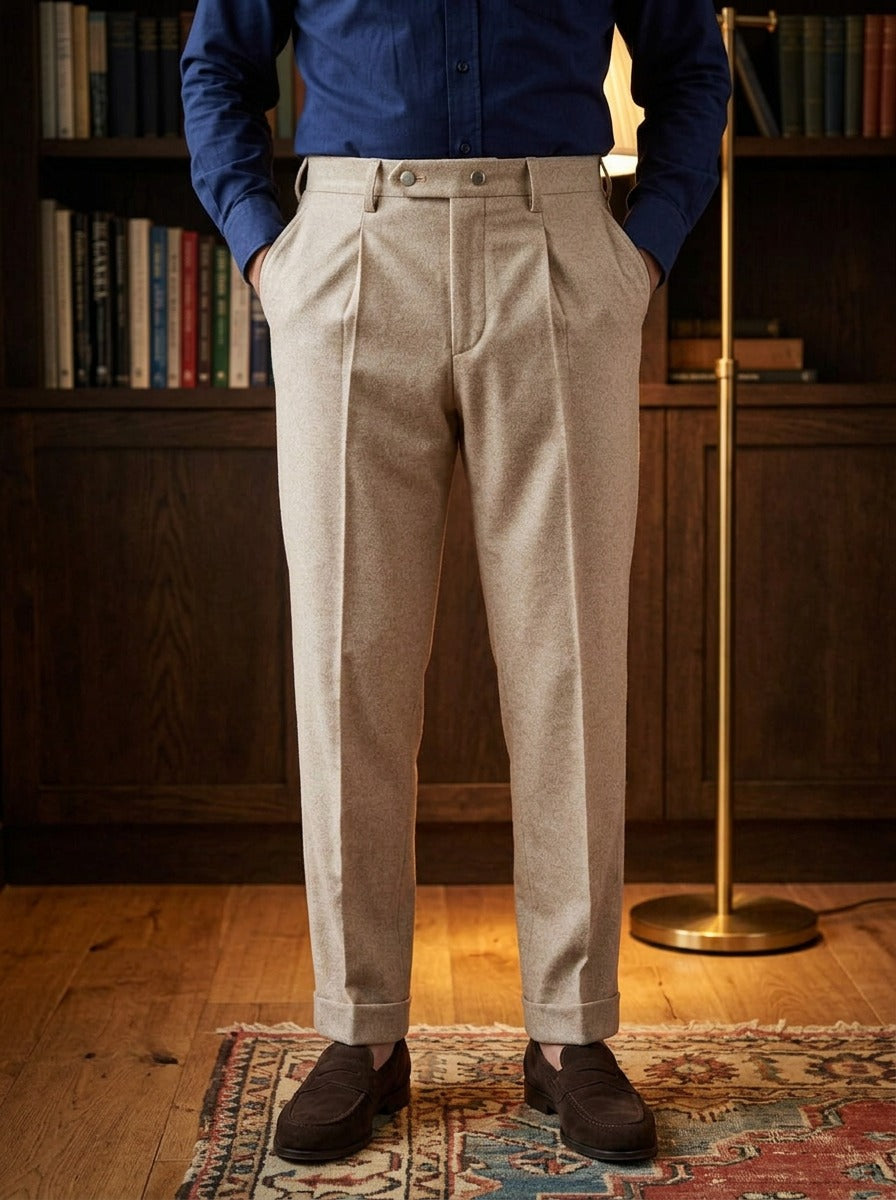 Sherman pleated dress pants in Sand, lifestyle, Gentlemens Manor