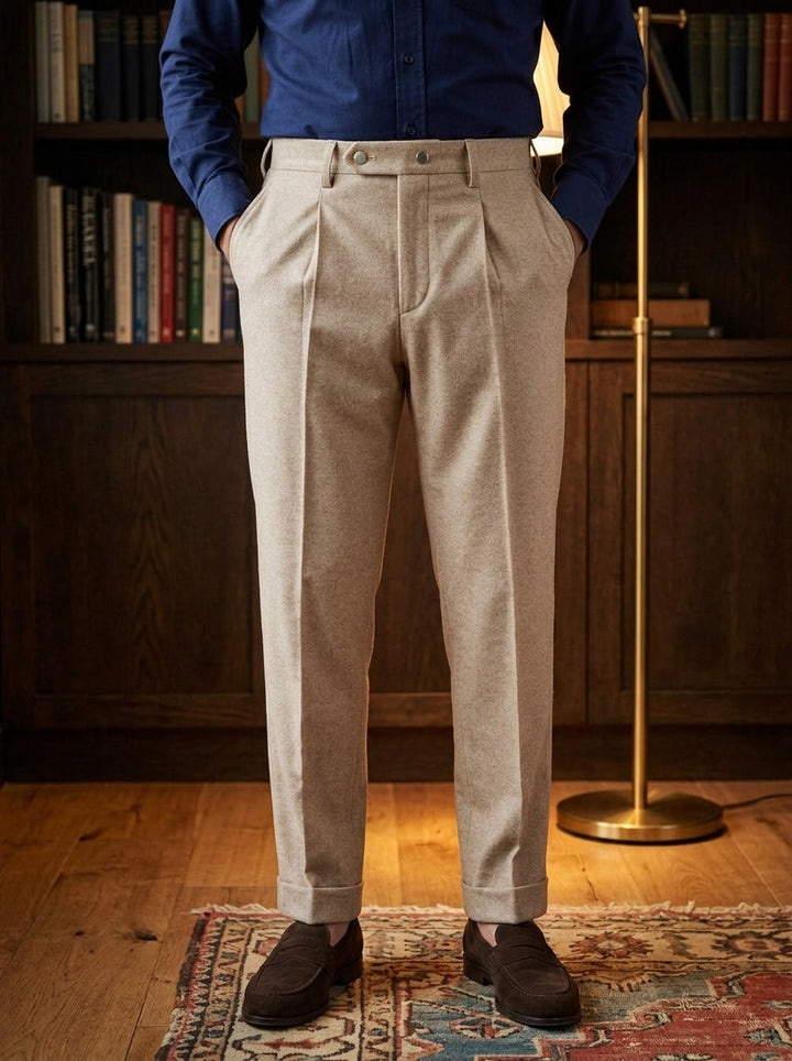 Sherman pleated dress pants in Sand, lifestyle, Gentlemens Manor