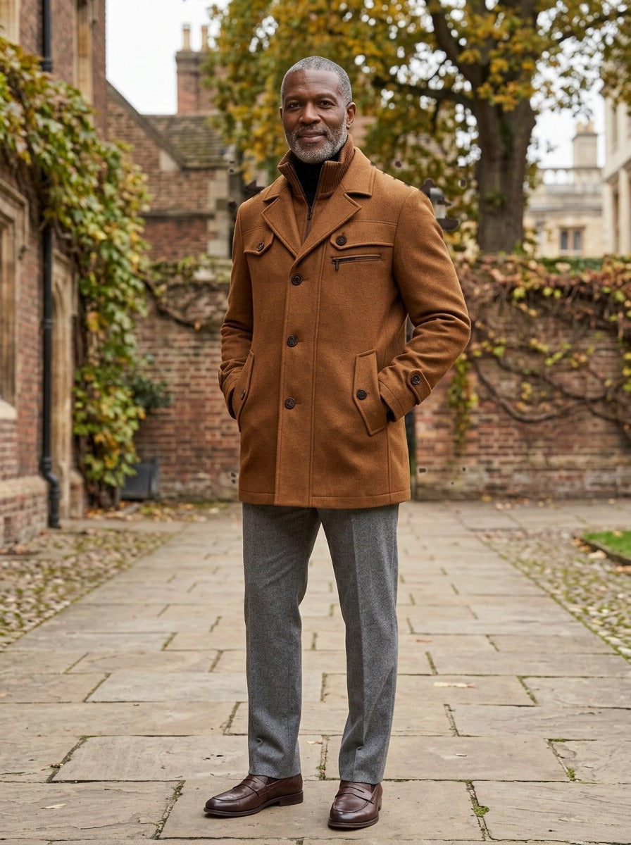 Sherwood car coat in Brown, lifestyle in a brick college courtyard, Gentlemens Manor