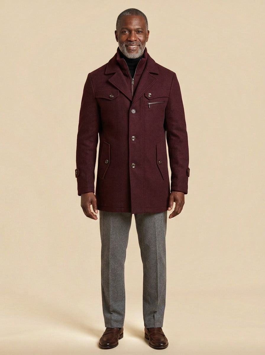 Sherwood car coat in Burgundy, studio, Gentlemens Manor