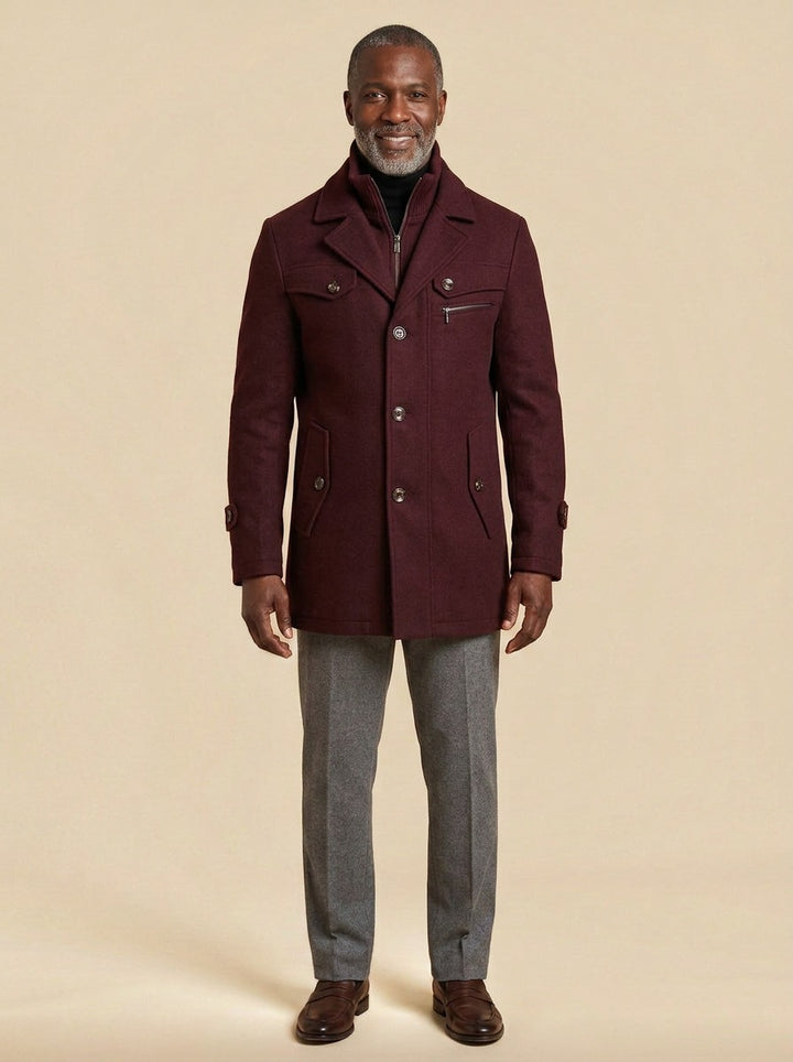 Sherwood car coat in Burgundy, studio, Gentlemens Manor