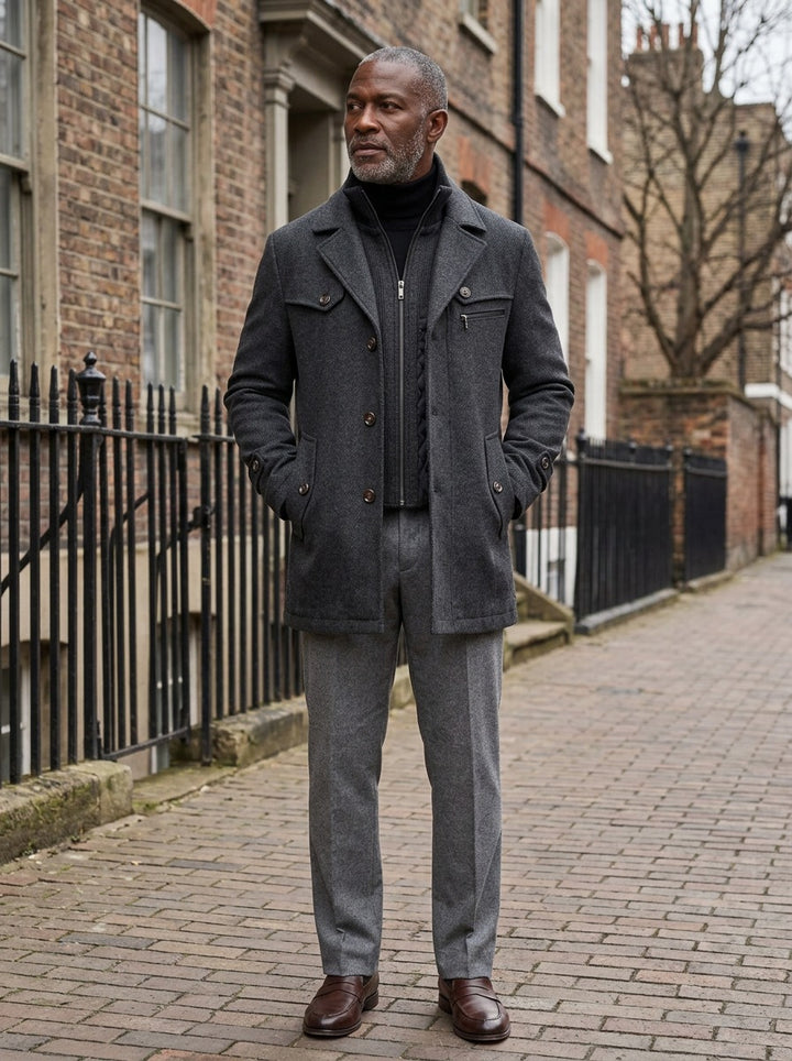 Sherwood car coat in Charcoal, lifestyle on a street of brick row houses, Gentlemens Manor