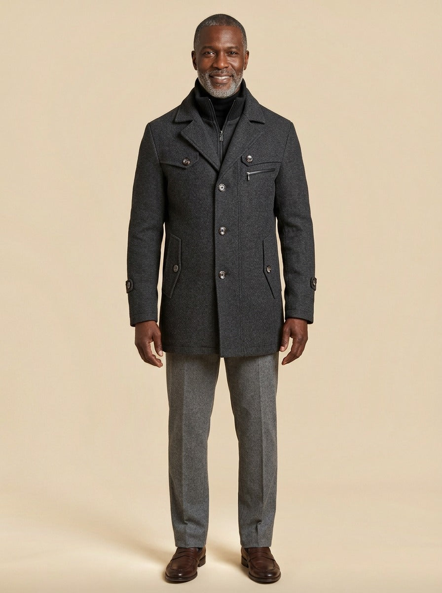 Sherwood car coat in Charcoal, studio, Gentlemens Manor